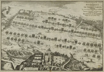 Una representación de los ejércitos del Rey Carlos I y Sir Thomas Fairfax mostrando el orden exacto, preparatorio para la Batalla de Naseby, 1645